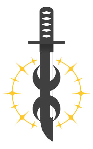a darkened tanto knife with a blade framed by two darkened crescent moons. one is pointed up, the other is pointing down. all are surrounded by a golden ring of stars. the gaps in the knife and crescents are filled in with white
